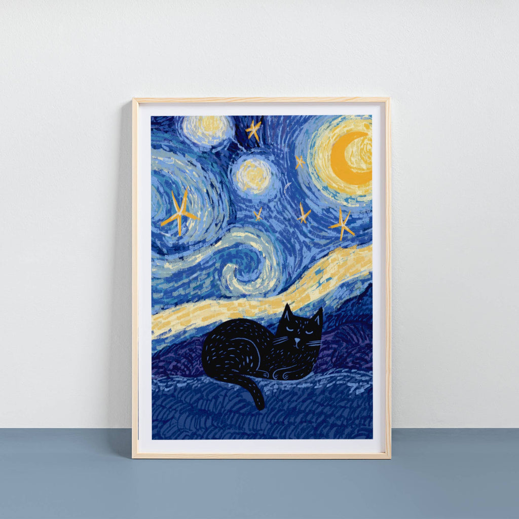 Vincat van Gogh "Starry Night" Black Cat Famous Painting A4 Art Print