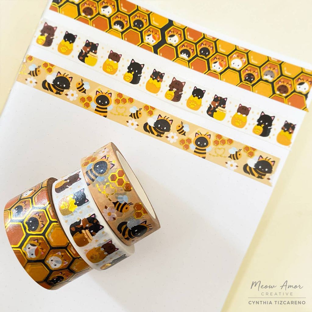 Bee Hive Honeycomb Cats Holographic Gold Foil Washi Tape 10m x 20mm