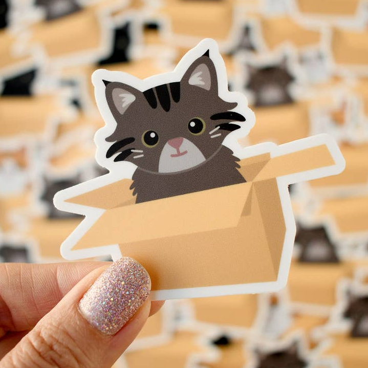 Tabby Cat Sitting in Cardboard Box sticker