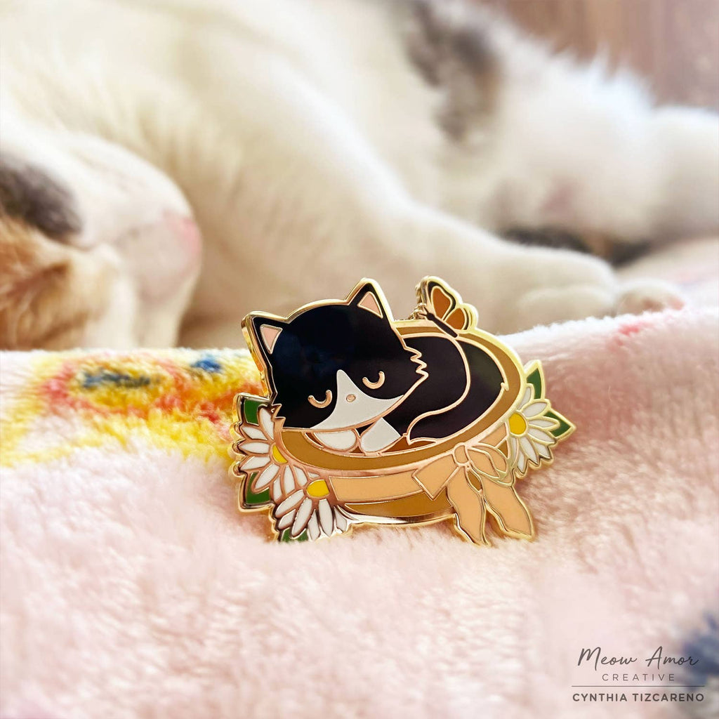 Sleepy Tuxedo Cottage Cat in Hat Hard Enamel Pin