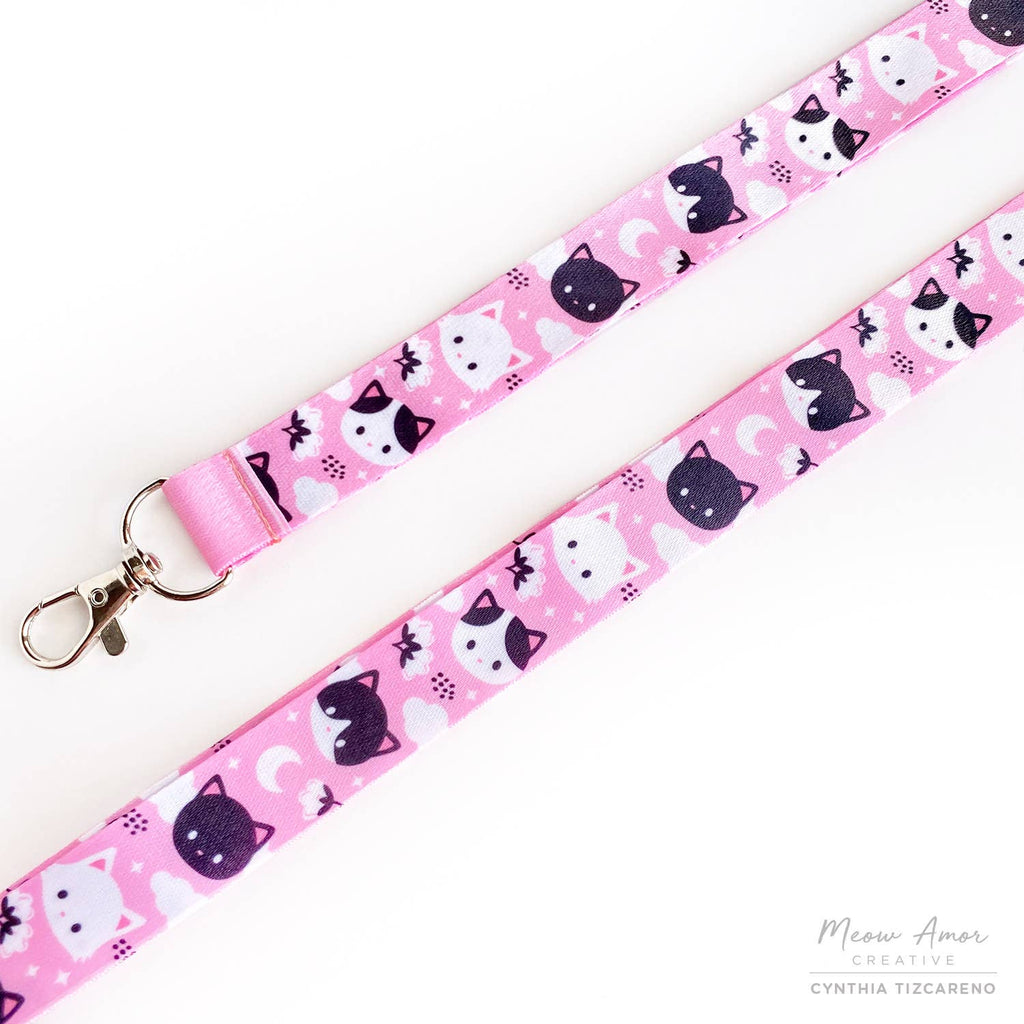 Floral Moon Pink Sky Black and White Cats Lanyard