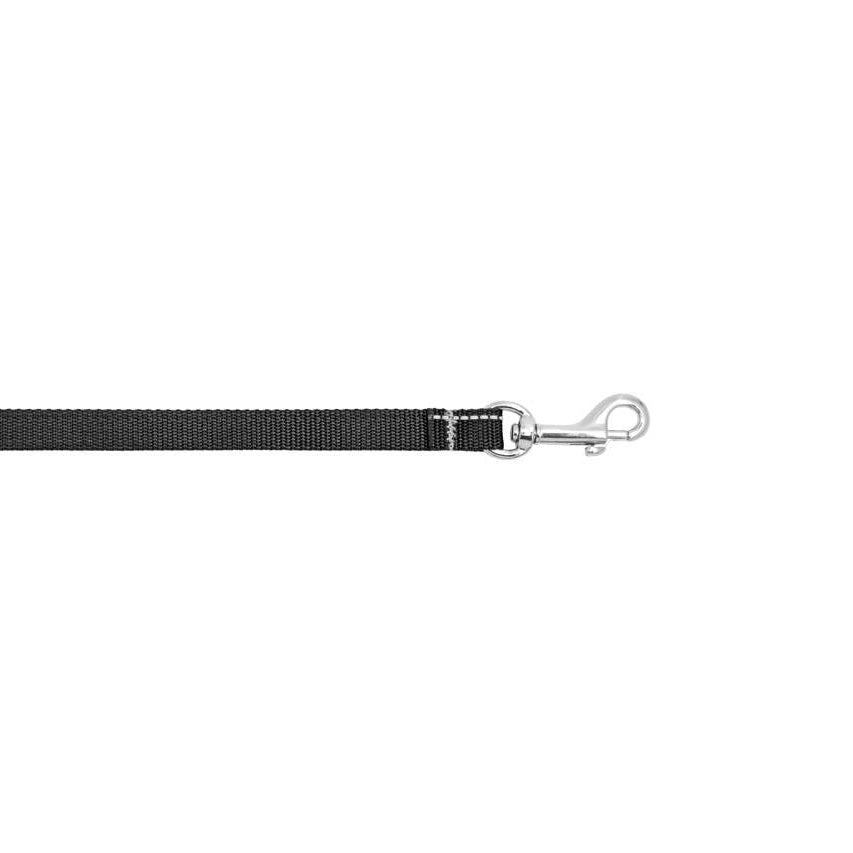 Black pet leash with a metal clip on a white background
