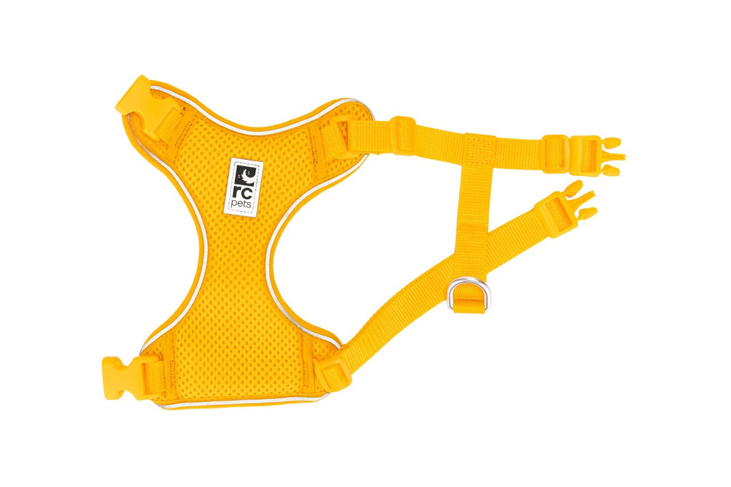 Yellow cat harness with a visible brand logo on a white background