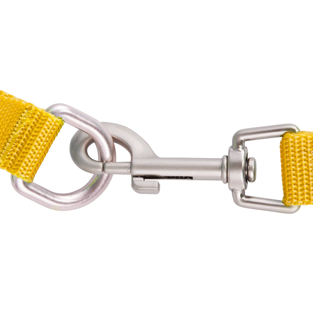 Yellow cat leash with a metal clip on a white background