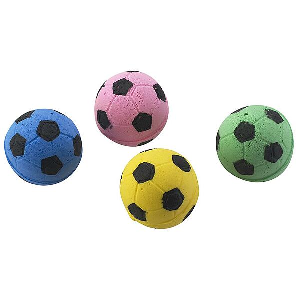 Four colorful foam soccer balls on a white background