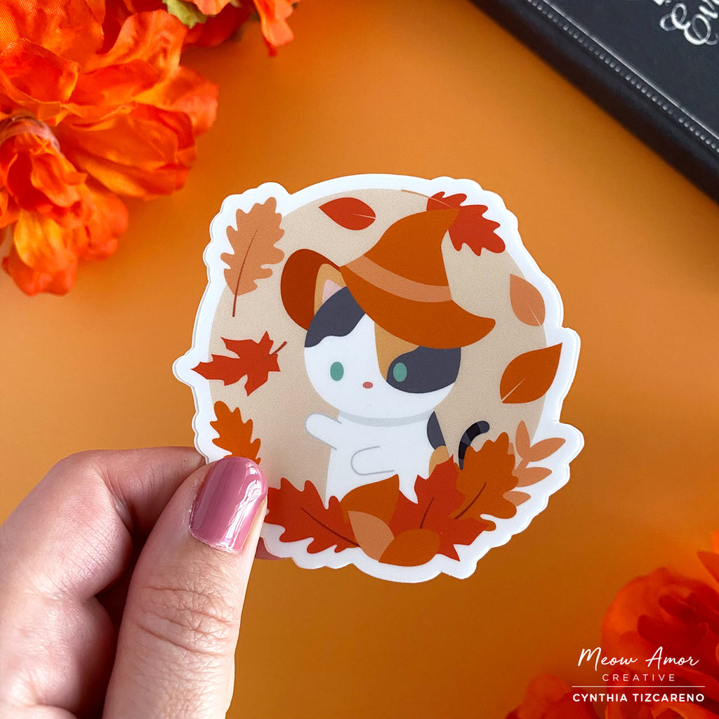 Autumn Witch Calico Cat Vinyl Sticker