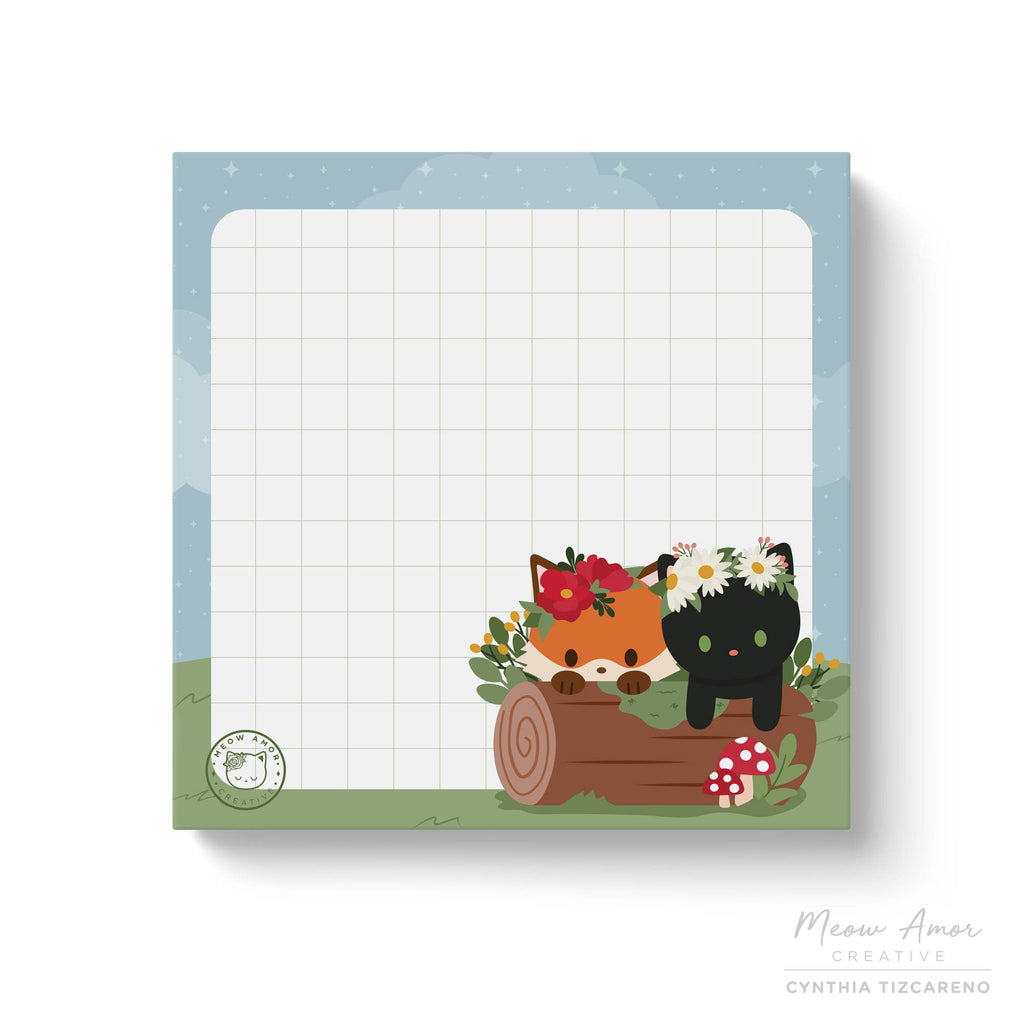 Forest Friends Black Cat and Fox Grid Post-it Sticky Notes