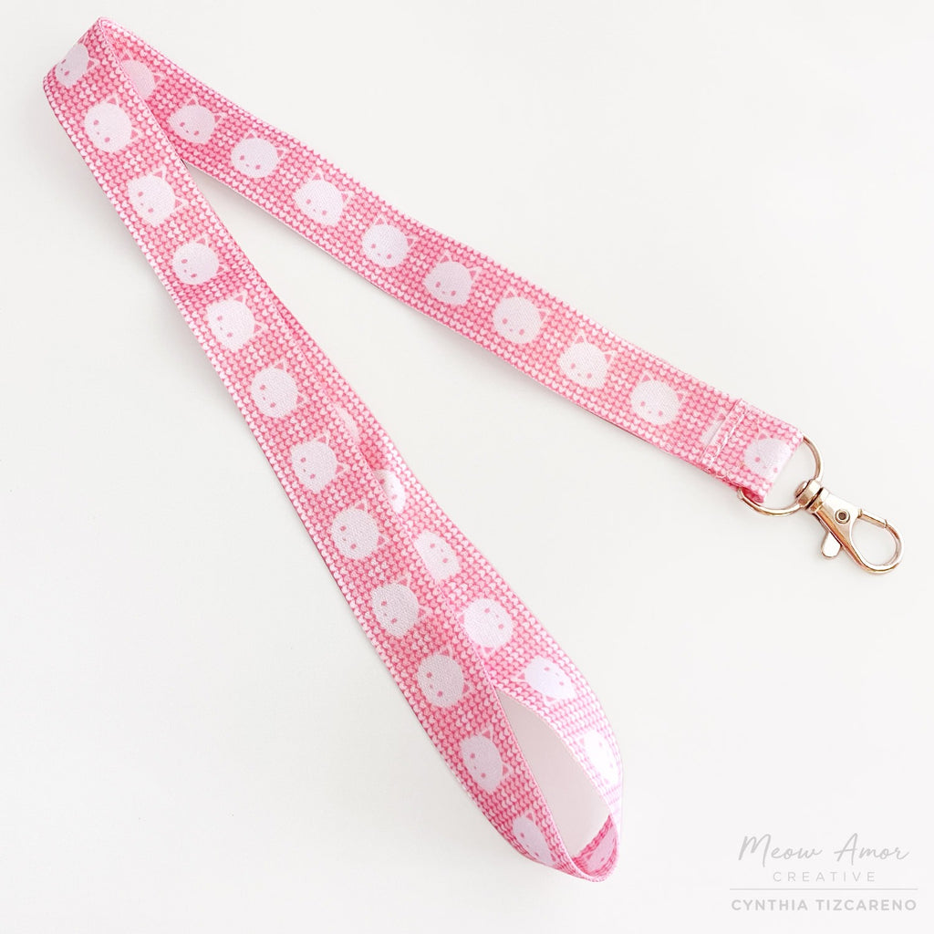 Pink Knit White Cat Double-sided Lanyard
