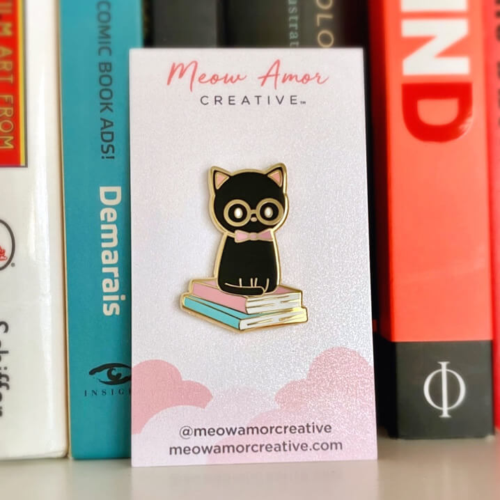 Book Black Cat with Glasses Hard Enamel Pin