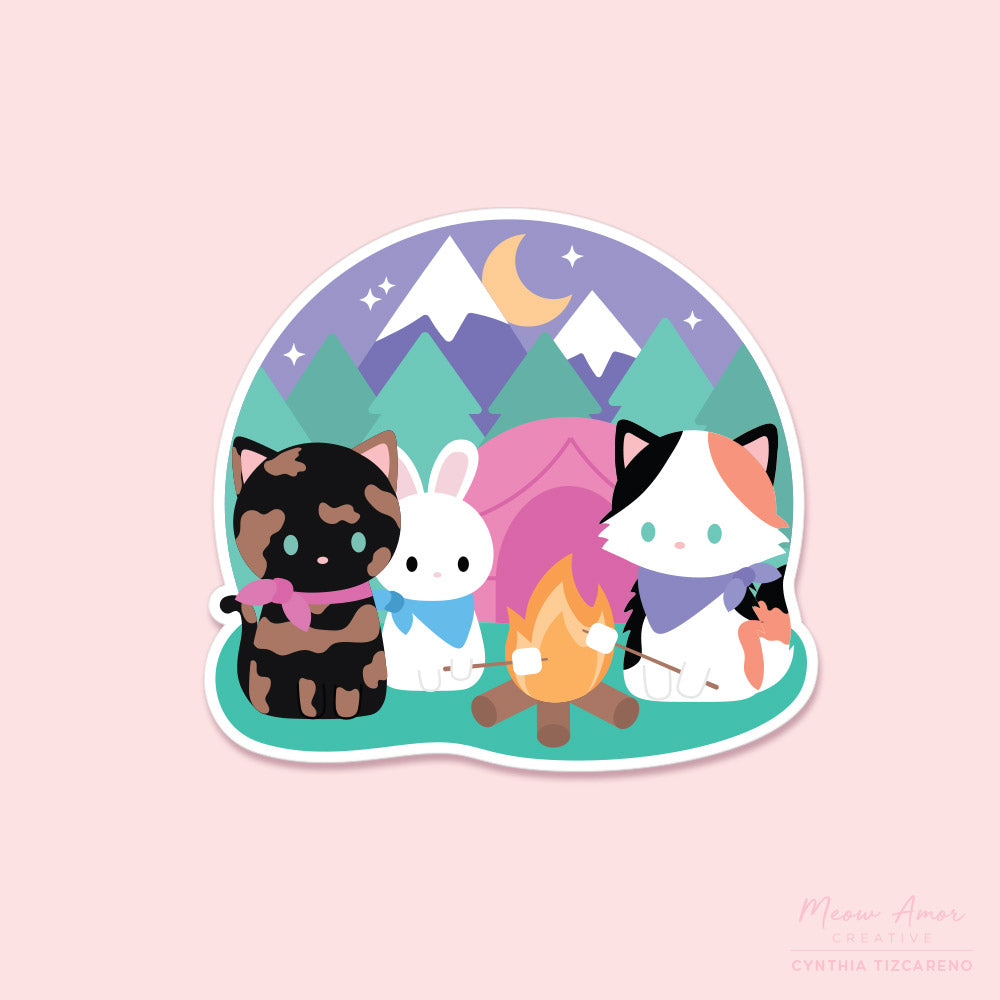 Camping Cats and Bunny Vinyl Sticker