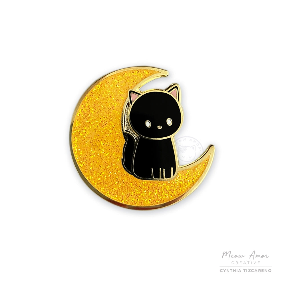 Black Cat on Moon hard enamel pin