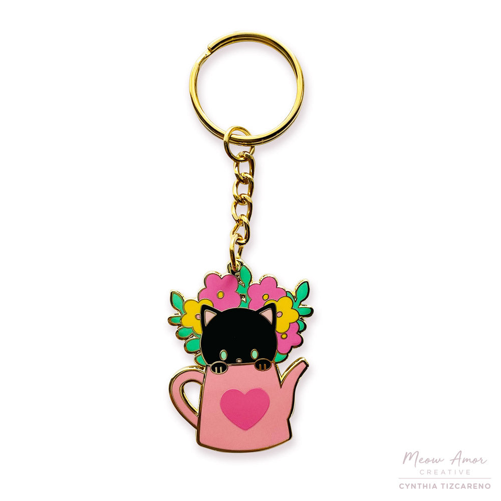 Watering Can Black Cat metal keychain