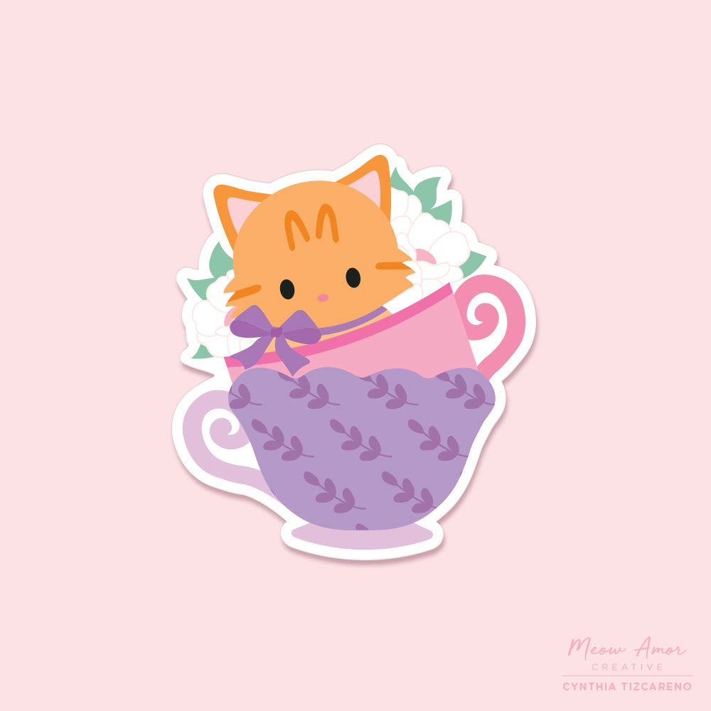 Orange Tabby Cat in Teacup Vinyl Sticker