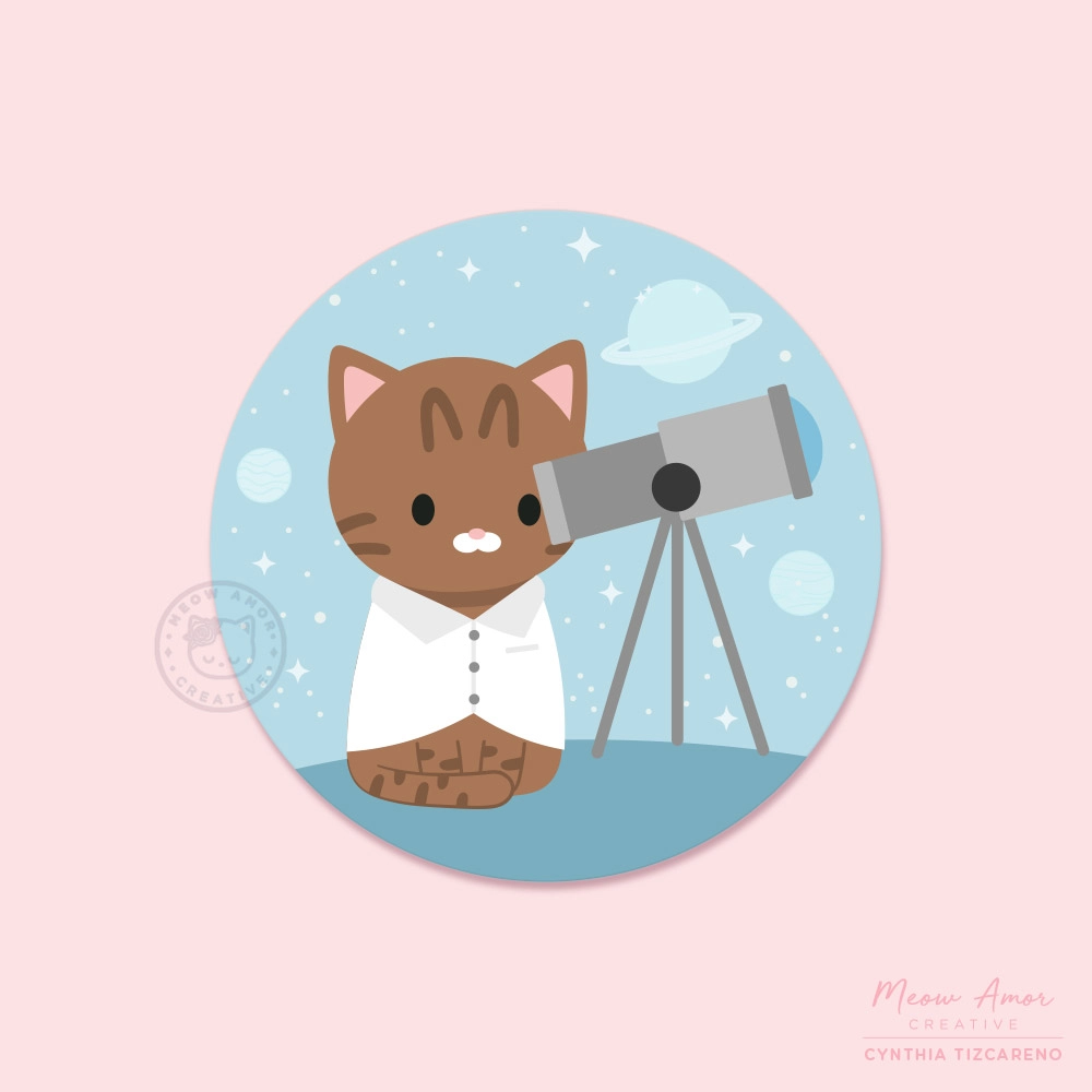 Astronomer Brown Tabby Cat with Telescope Vinyl Sticker