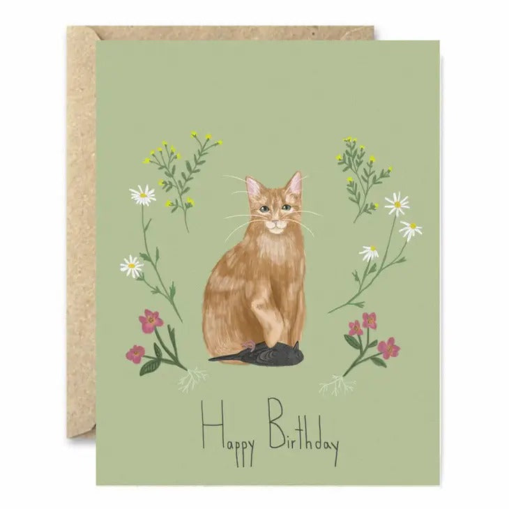 "A Cat's Gift" Happy Birthday Orange Cat with Bird Greeting Card