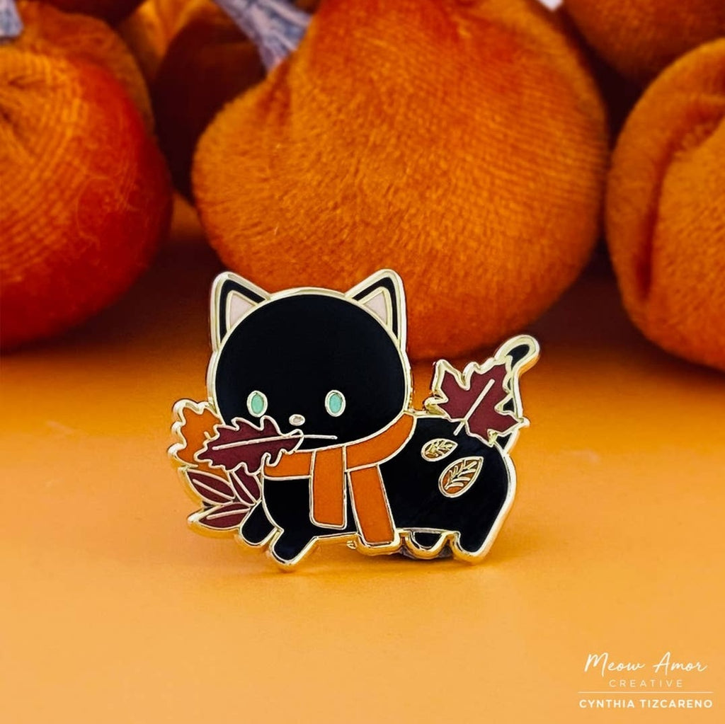 Autumn Leaves Black Cat hard enamel pin