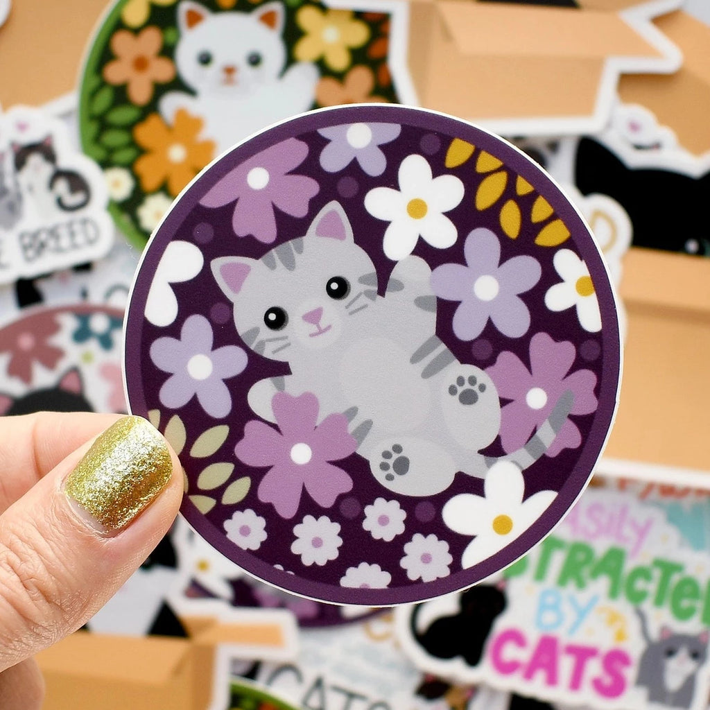 Grey Tabby Cat in Flowers sticker