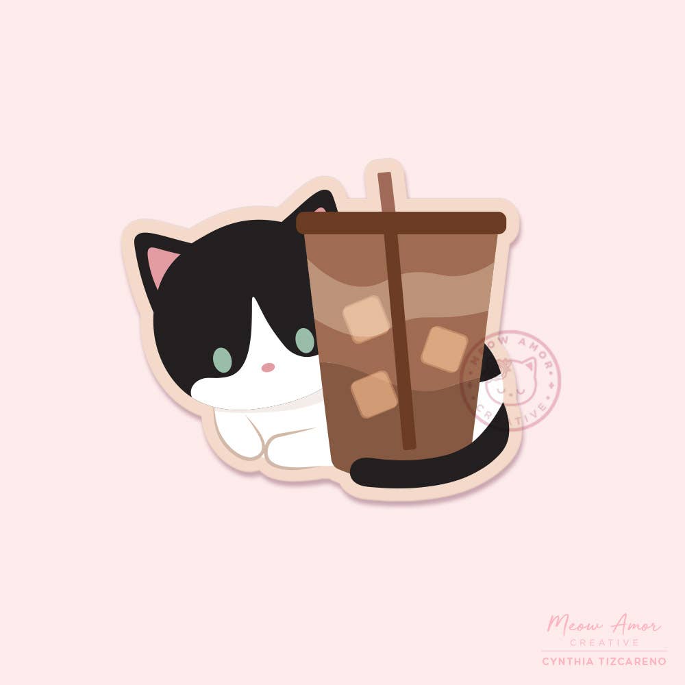 Iced Coffee Tuxedo Cat Vinyl Sticker