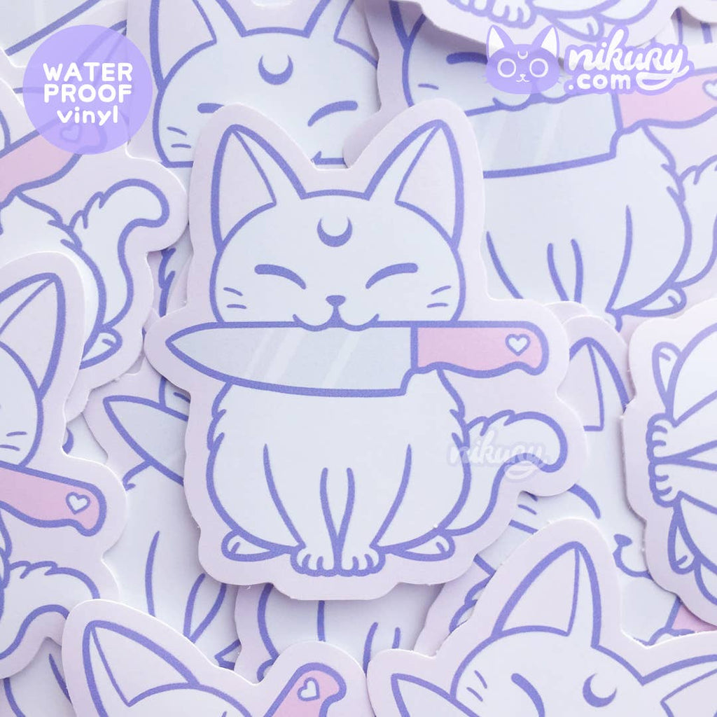 Spooky Knife White Cat Vinyl Sticker