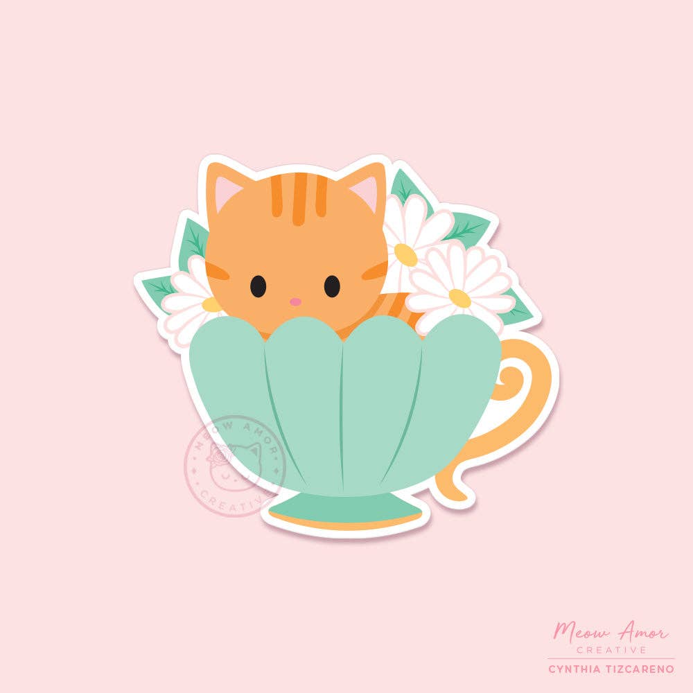 Fluted Teacup Orange Tabby Cat Vinyl Sticker