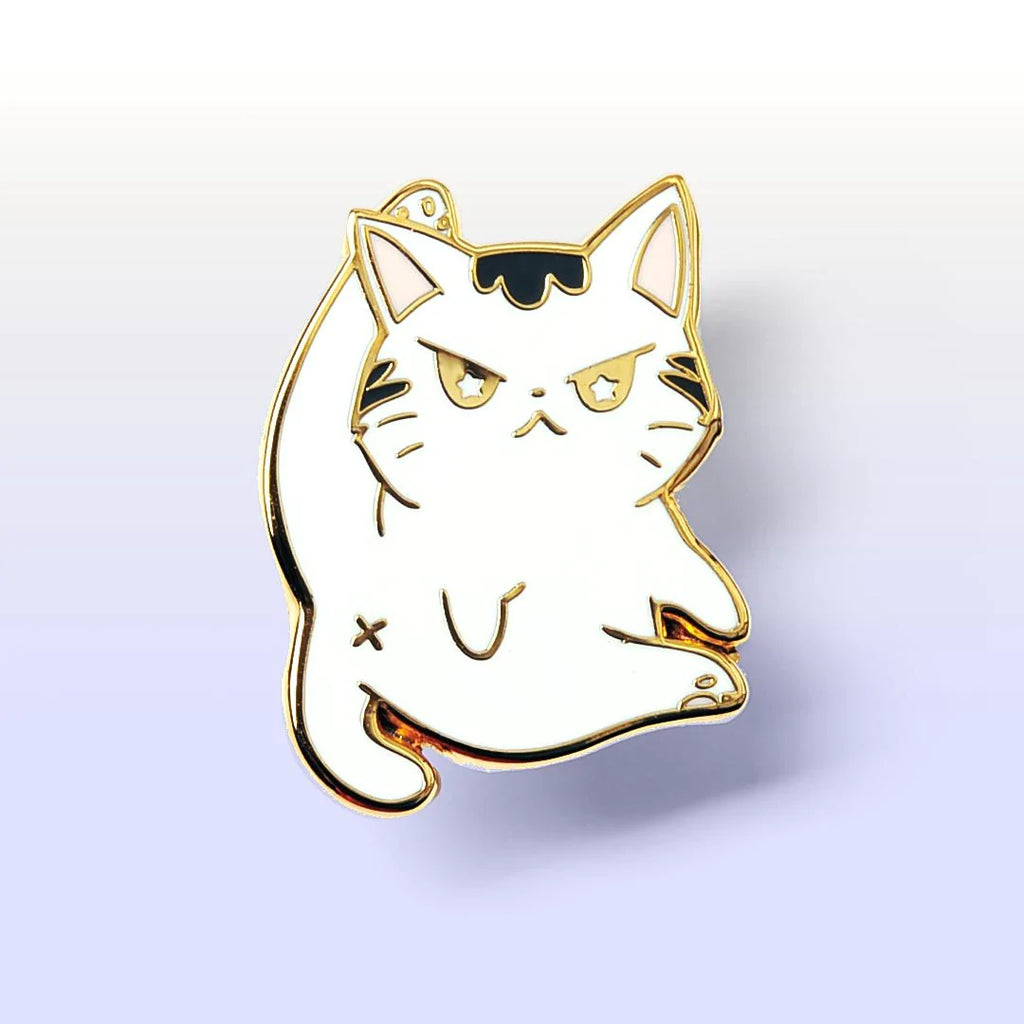 Angry White and Black Cat Licking Butt Hard Enamel Pin